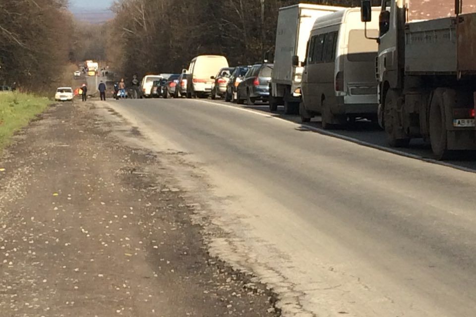 Біля Тиврова через повалене дерево утворився чималий затор