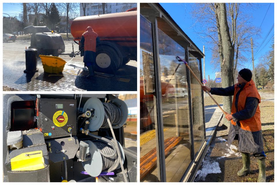 На Хмельницькому шосе розпочали весняне прибирання зупинок. У місті відмиють понад 200 павільйонів