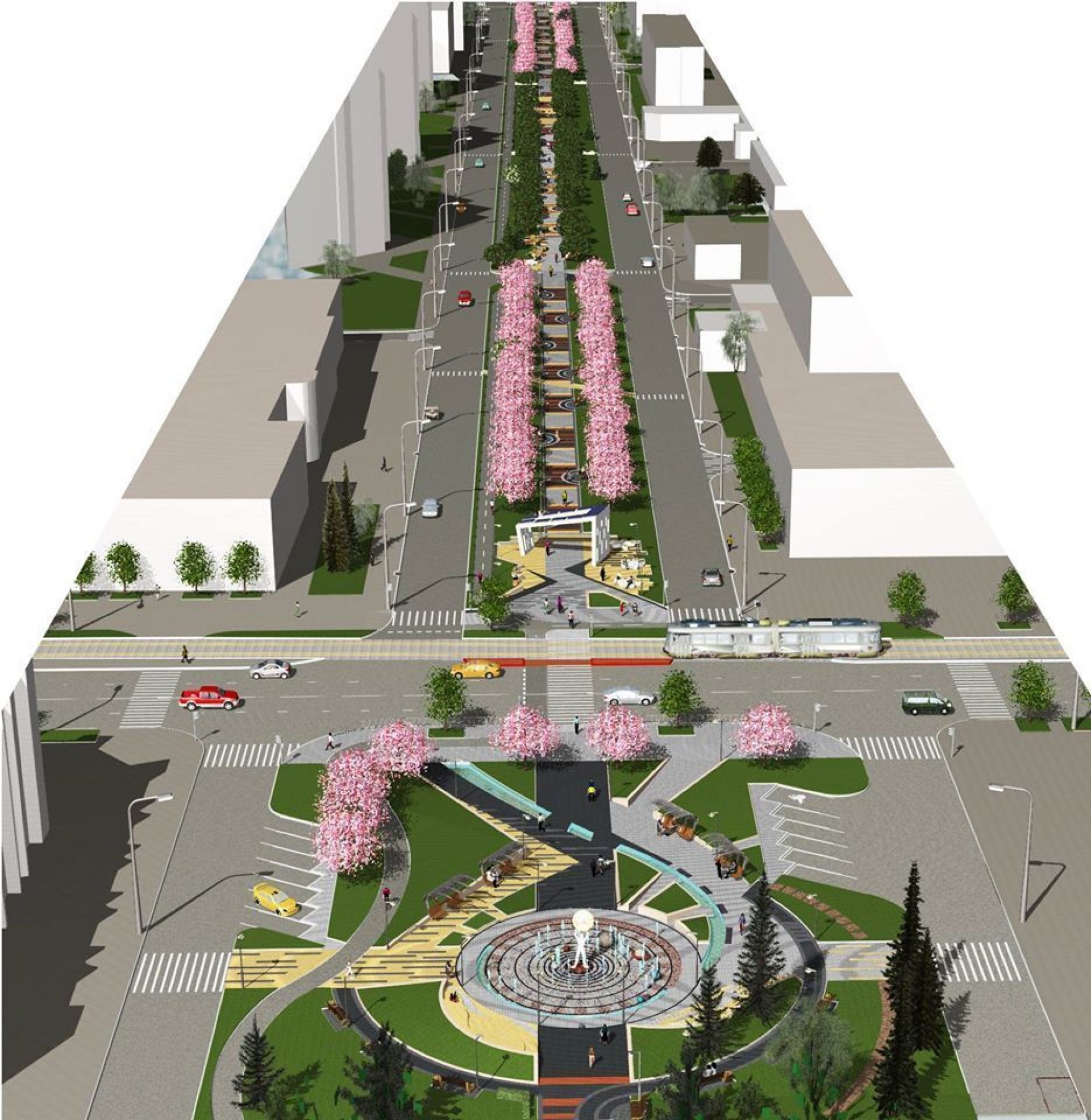 Вид зверху: пішохідний фонтан на Келецькій, арка на третій частині проспекту та сакури.