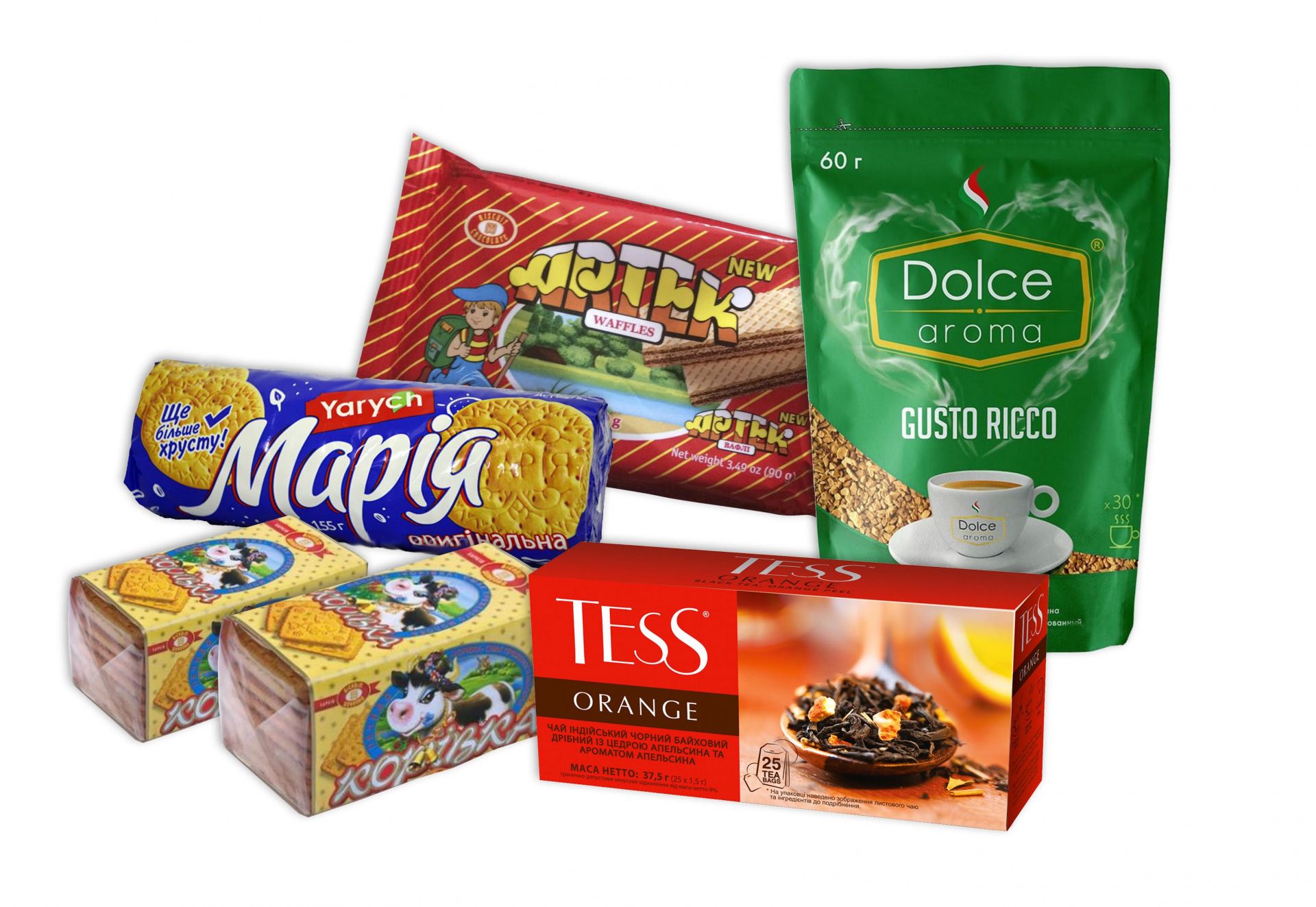Продуктовий набір №3 "Чай та кава":
кава розчинна - 1уп. (60гр);
чай чорний - 1уп. (25 пакетів);
печиво Марія - 1уп. (150гр);
печиво цукрове - 2уп (180гр+180гр);
вафлі Артек - 2уп (90гр+90гр).