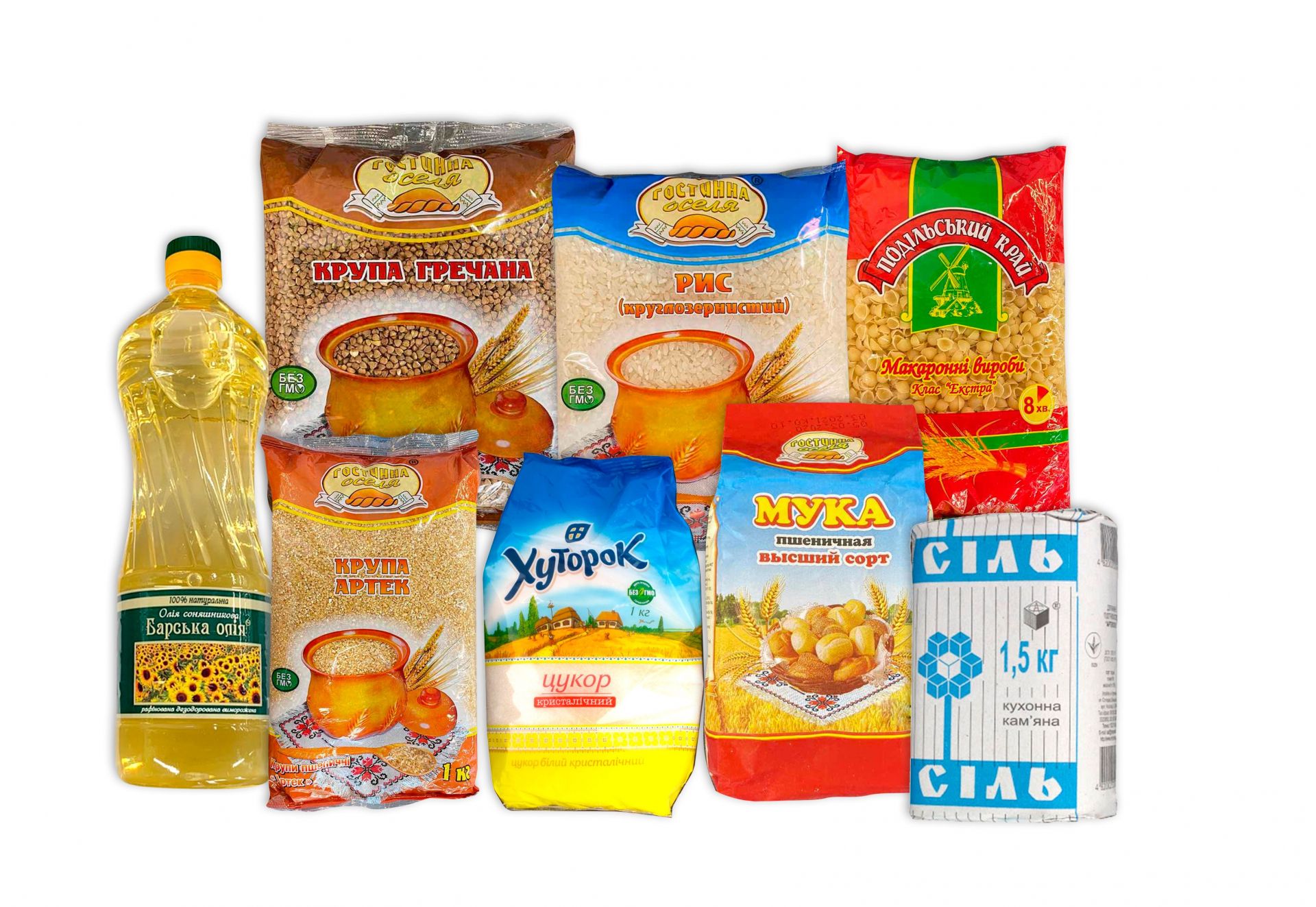 Продуктовий набір №1 "Бакалійний": 
олія соняшникова рафінована  - 1пл (1л);
макаронні вироби - 1уп (900гр);
цукор - 1уп (800-1000гр);
сіль кам'яна - 1уп (1,5кг);
гречка - 1уп (800-1000гр);
рис - 1уп (800-1000гр);
крупа Артек - 1уп (800-1000гр);
борошно - 1уп (2кг).